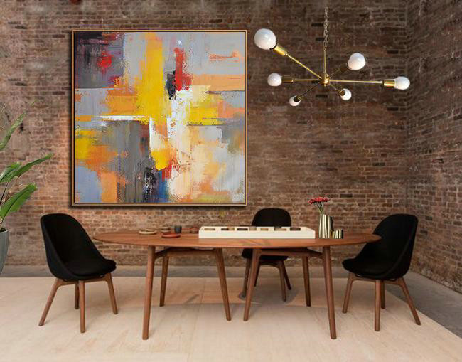 Huge Abstract Painting On Canvas,Oversized Palette Knife Painting Contemporary Art On Canvas,Large Colorful Wall Art,Yellow,Grey,Red,Taupe.etc